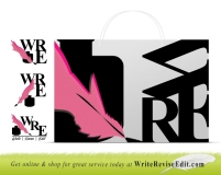 Three Logomark Designs, and alternate treatment for use on a shopping bag, by Christine G. Adamo of WriteReviseEdit.com